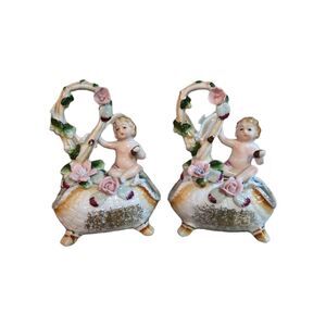 Vintage 1930's Ucagco Porcelain Hand Painted Japan Figural child on Vase Flowers